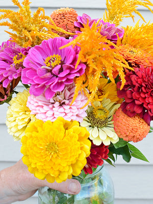 Bouquet of colorful flowers in a glass vase held by a hand against a white background