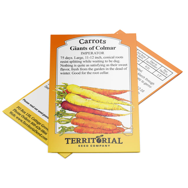 Front view of Giants of Colmar carrot seed packet showcasing illustrated long orange conical carrots and Territorial Seed branding on white background