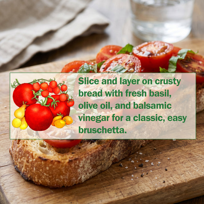 Raspberry Drop grape tomatoes on bruschetta with basil and olive oil on toasted bread