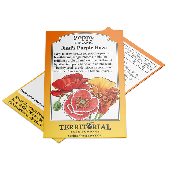 Front view of Jimi's Purple Haze poppy seed packet showing a purple-and-lilac bicolor poppy photo and seed packet artwork on white background