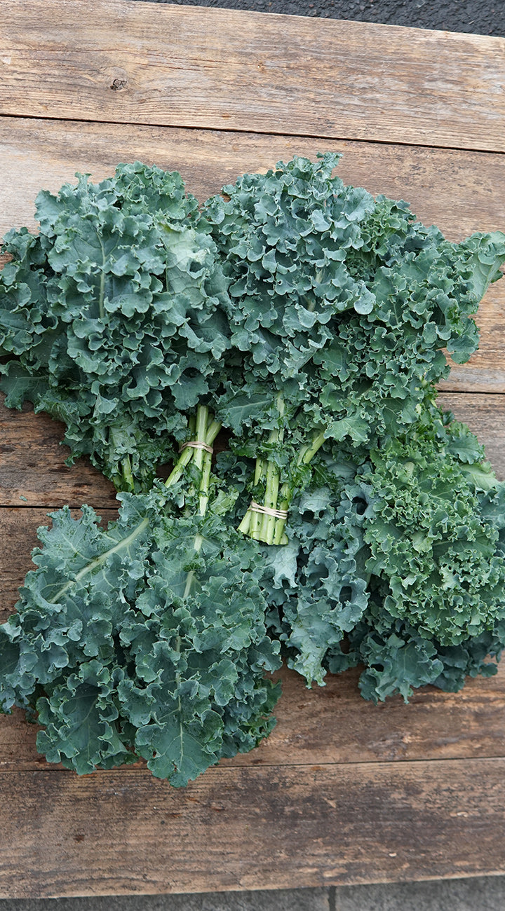 Bunch of green kale leaves on a wooden surface