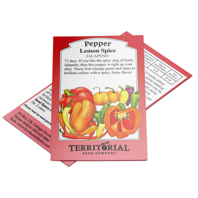 Front view of Lemon Spice pepper seed packet showing illustrated yellow peppers on white background