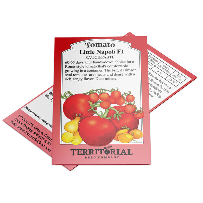 Front view of Little Napoli tomato seed packet showing illustrated crimson roma tomatoes and 20 seeds printed on packet on white background