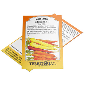 Front view of Mokum carrot seed packet showcasing illustrated orange carrots and Territorial Seed branding on white background