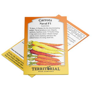 Front view of Naval carrot seed packet showcasing illustration of orange carrots and Territorial Seed Company logo on white background