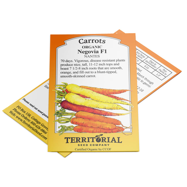 Front of Negovia carrot seed packet showcasing illustration of blunt-tipped orange carrots on white background