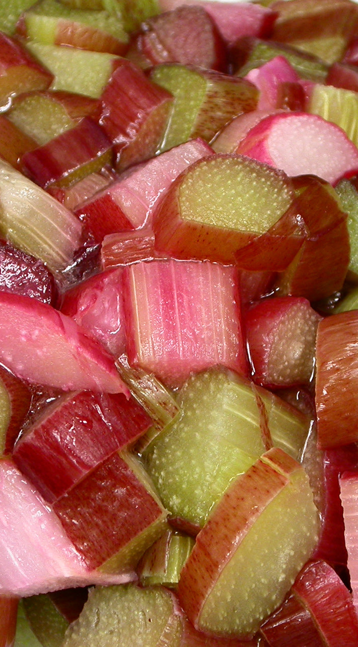 Close-up of chopped red and green rhubarb pieces.