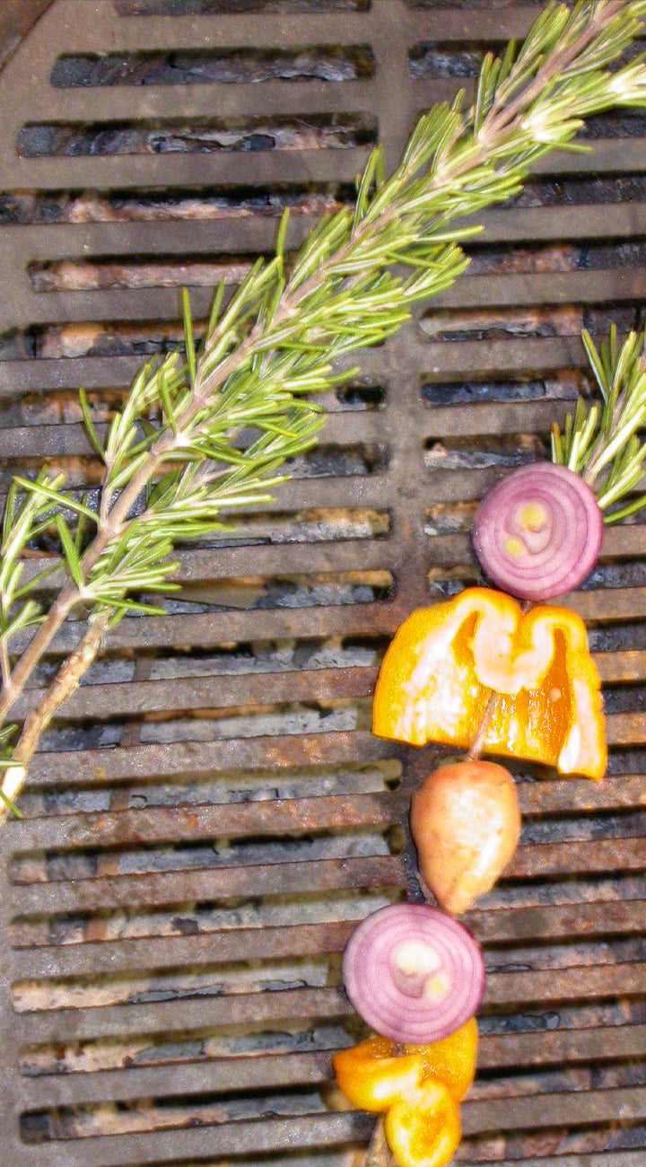 Vegetables and rosemary on a grill