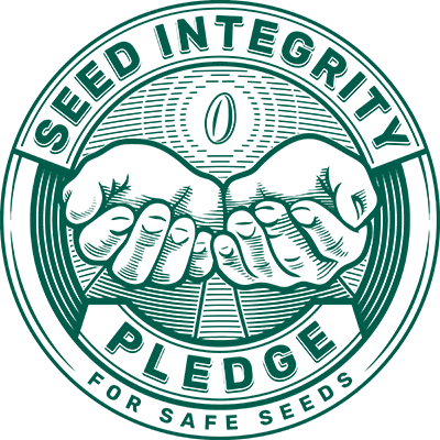 Logo of Seed Integrity Pledge with two hands holding a seed, on a white background.