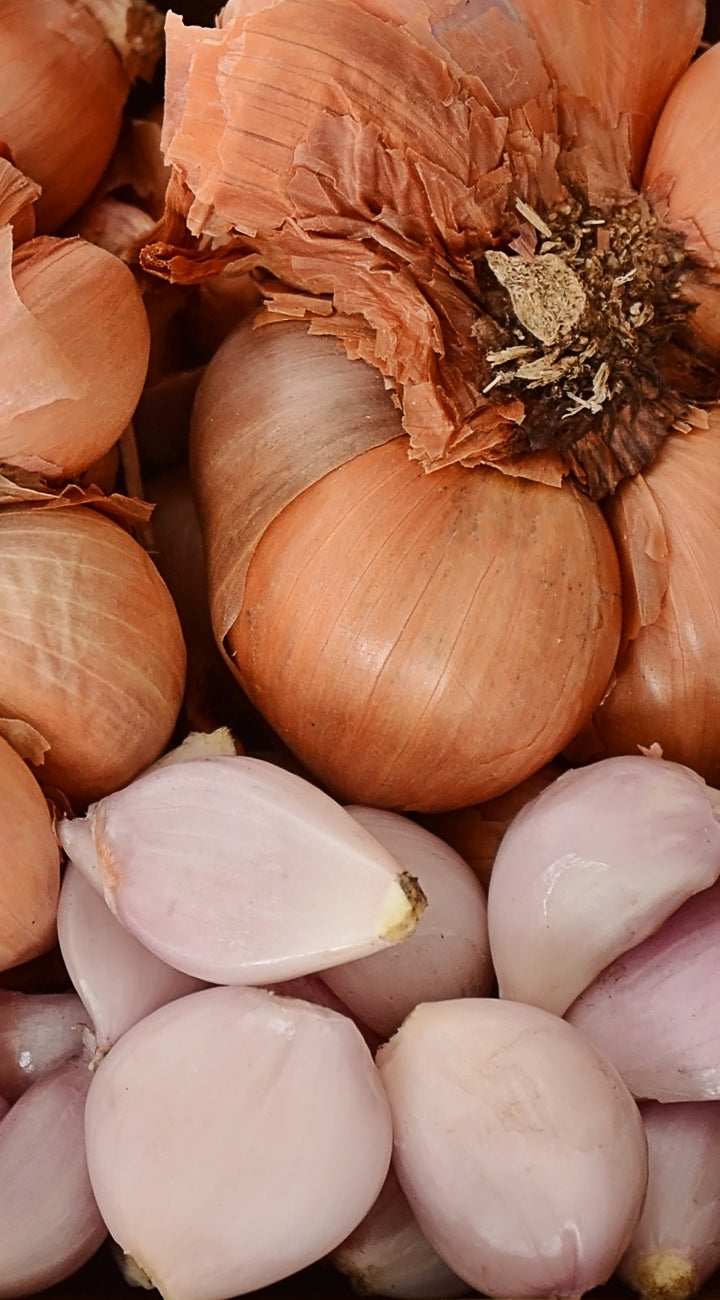 Close-up of shallot bulbs and peeled shallot cloves showing papery copper skins and pale pink cloves