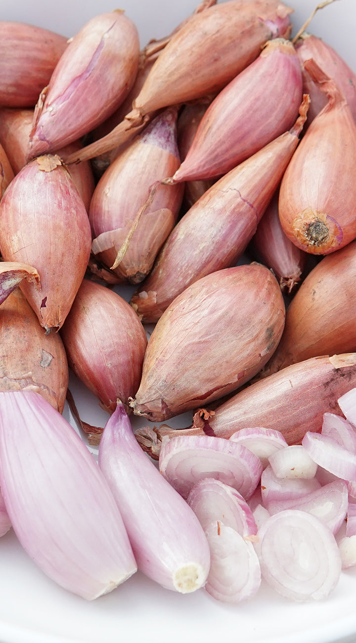 Close-up of shallots on a white background