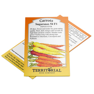Front view of Sugarsnax 54 F1 carrot seed packet showing carrot illustration and Territorial logo on white background