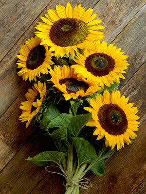 Bouquet of sunflowers on a wooden surface