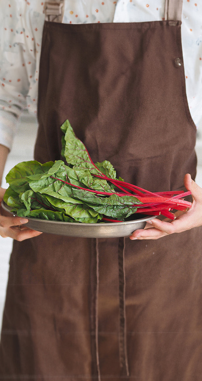 Person wearing a brown apron holding a plate of leafy swiss chard greens.
