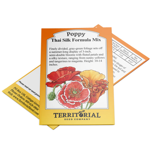 Front of Thai Silk Formula Mix poppy seed packet showing colorful semi-double poppy illustration on white background