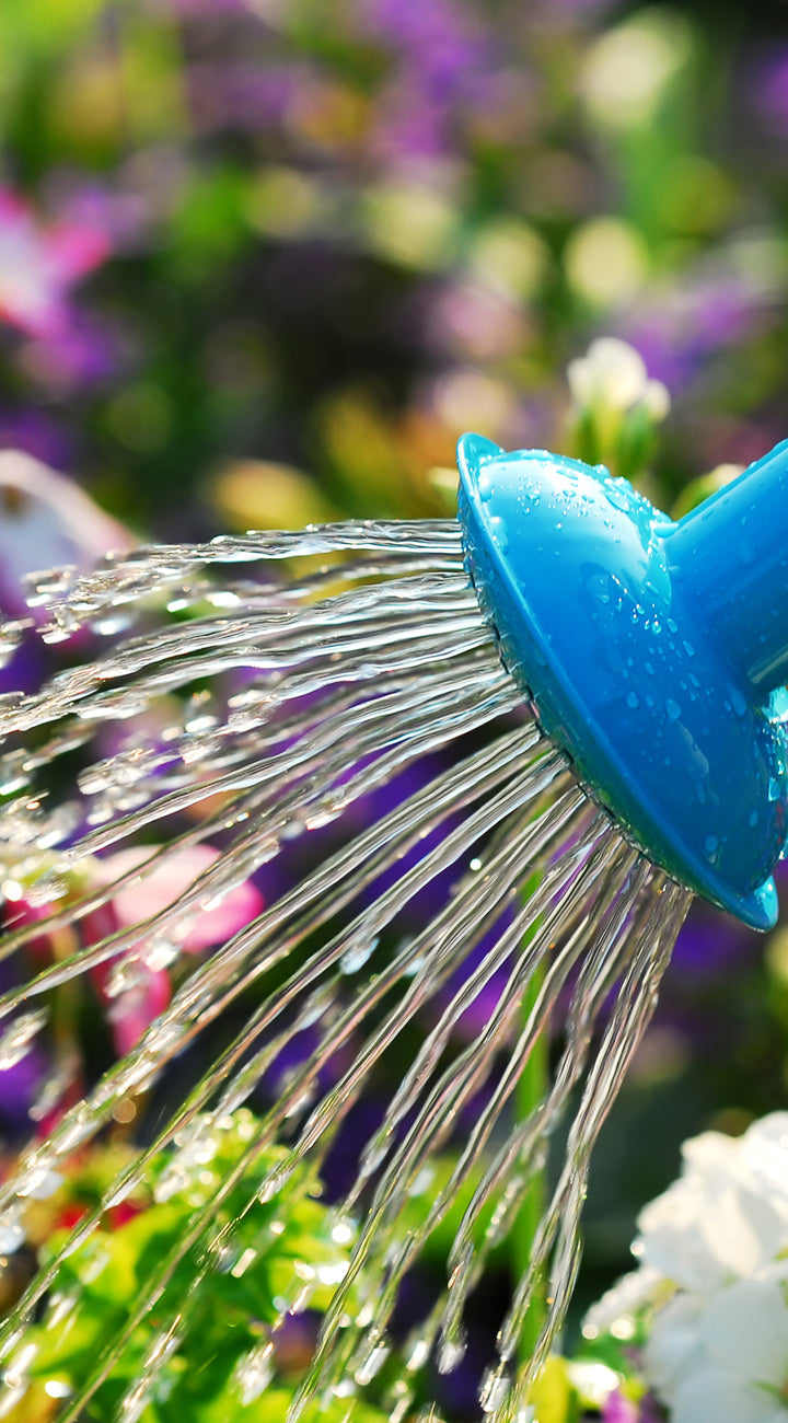 Blue garden hose nozzle spraying water with a blurred floral background
