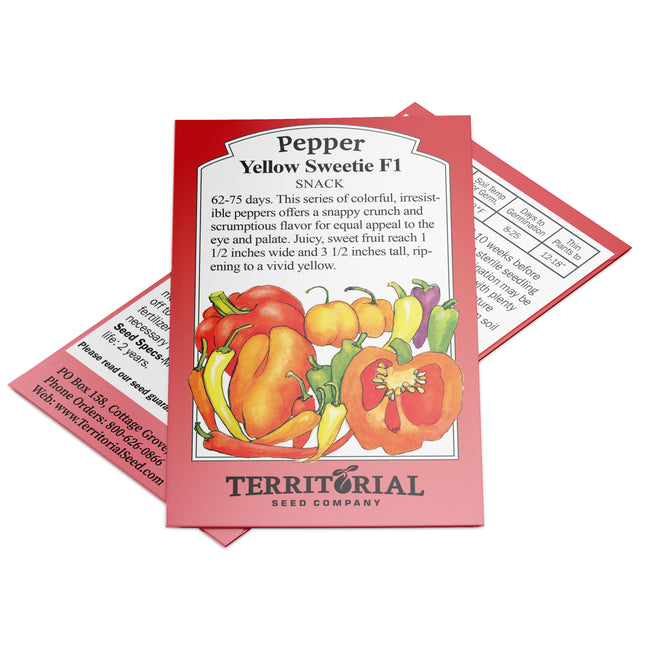 Front view of Yellow Sweetie pepper seed packet showing photo of vivid yellow snack peppers on white background