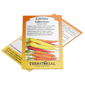 Angled front view of Yellowstone carrot seed packet with illustration of yellow and orange carrots and Territorial Seed Company logo