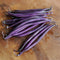 Close-up of Celine bush filet bean pods showcasing slender purple pods on wooden background