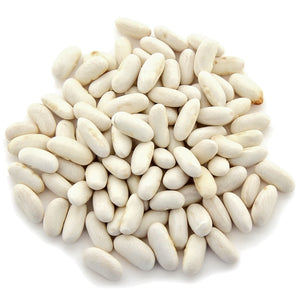 Top view of Cannellini Lingot dry beans showing smooth white, kidney-shaped seeds on a white background