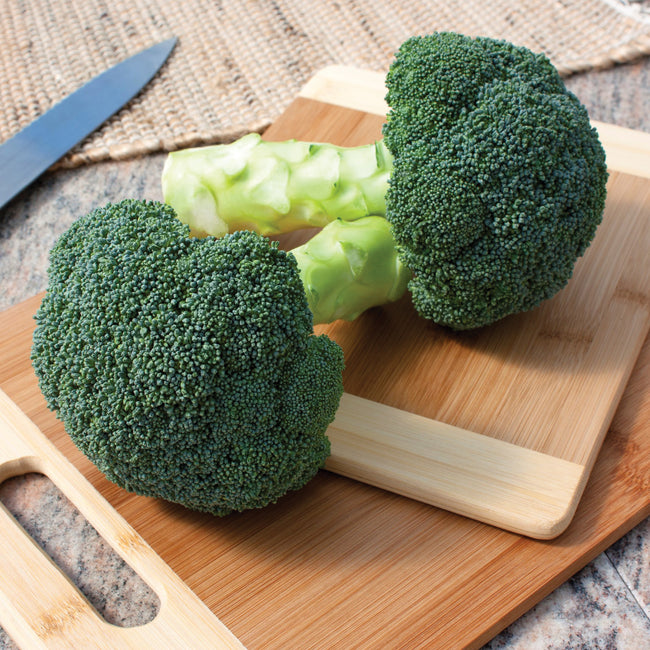 Front view of Millennium broccoli crowns showing two domed light-green heads on a wooden cutting board with a paring knife
