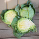 Front view of Quick Start cabbage heads, two whole and one halved showing dense pale interior on wooden surface