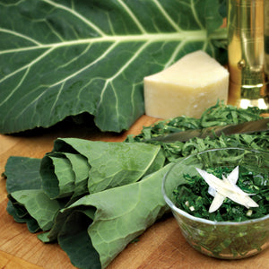 Close-up of Flash collard leaves showcasing smooth, broad dark green foliage on white background