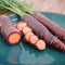 Close-up of sliced Dragon carrots showing deep purple skin and orange interior on a green surface