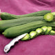 Front view of Telegraph Improved cucumbers, two whole and one sliced to show pale interior on magenta cloth background