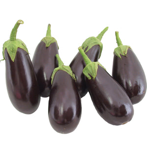 Front view of six Michal eggplants showing glossy dark purple elongated fruit with green calyxes on white background