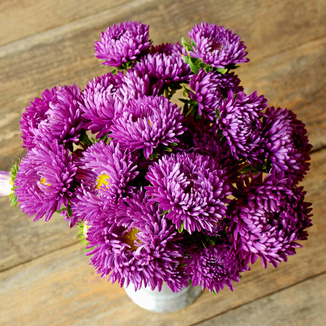 Overhead view of Tower Series Violet aster bouquet showing dense violet double 3-4 inch blooms in a vase on a wooden table