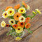 Top view of Cantaloupe calendula bouquet showcasing cream-to-apricot double blooms in a glass vase on a weathered wood table