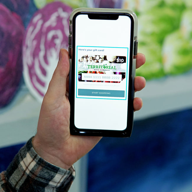 Front of Territorial Seed Company virtual gift card on a phone showcasing company logo and botanical illustration on white background