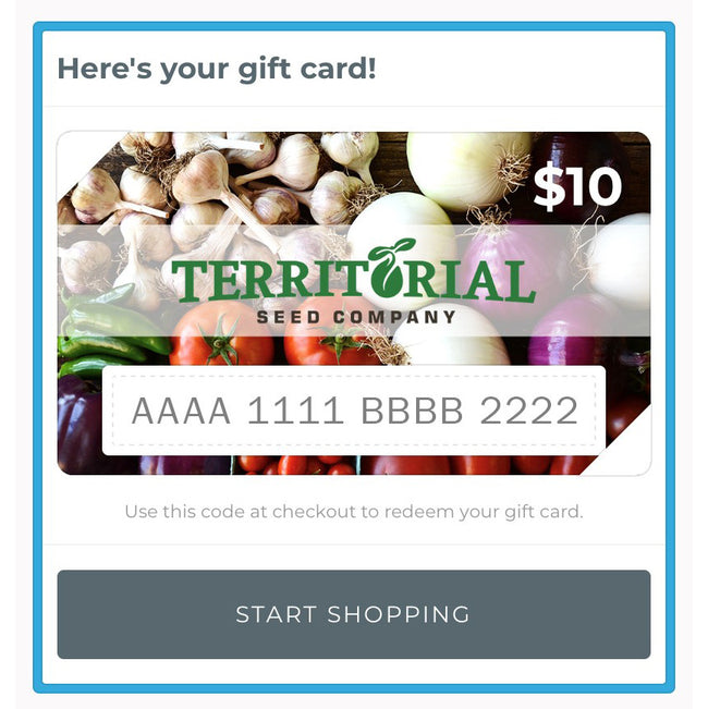 Front of Territorial Seed Company virtual gift card showcasing a collage of seed packet images and Gift Card headline