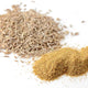 Close up of whole cumin seeds and ground cumin showcasing seed texture and powdered spice on a white background