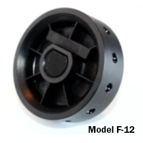Front view of Jang seed roller Model F-12 showing black cylindrical roller with seeding holes on white background