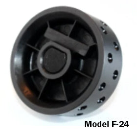 Angled view of Jang seed roller model F-24 showing perforated black plastic roller and central hub on white background
