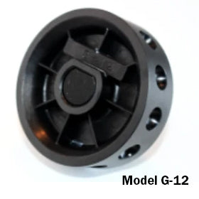 Front view of Jang Model G-12 seed roller showcasing black plastic wheel with multiple seed-hole sizes on white background