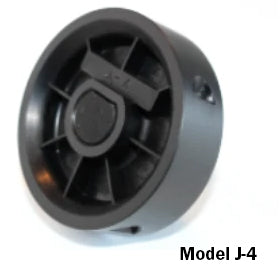 Front view of Jang Model J-4 seed roller showcasing black plastic metering wheel with angled spokes on white background