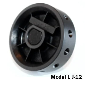 Close-up of Jang seed roller Model L-J12 showing black plastic roller with metering holes on white background