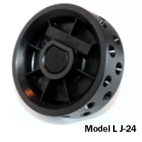 Front view of Jang seed roller Model L J-24 showcasing black plastic drum with multiple seed cells