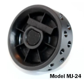 Angled view of Jang seed roller model MJ-24 showcasing black plastic disc with central hub and perforated holes on white background