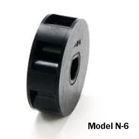 Close-up front view of Jang seed roller Model N-6 showcasing black cylindrical plastic roller with center mounting hole on white background