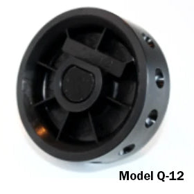 Close-up of Jang seed roller model Q-12 showing black plastic roller head with seed metering holes on white background