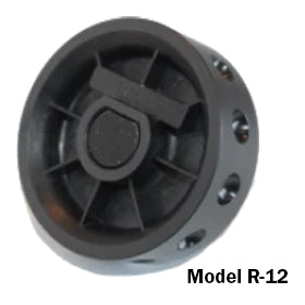 front view of Jang Model R-12 seed roller showing ridged seed pockets on dark gray plastic wheel against white background