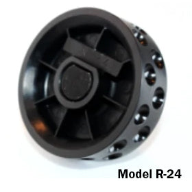 Close-up of Jang Model R-24 seed roller showcasing black plastic disc with evenly spaced seed holes on white background