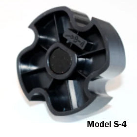Front view of Model S-4 Jang seed roller showcasing six-lobed black plastic design on white background
