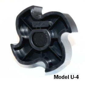Front view of Jang Model U-4 seed roller showing four lobed black plastic seed cups on white background