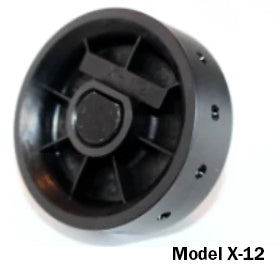 Front view of Jang Model X-12 seed roller showing perforated black plastic drum and central hub on white background