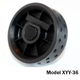 Front view of Jang seed roller model XYY-36 showing perforated black plastic roller with central hub on white background
